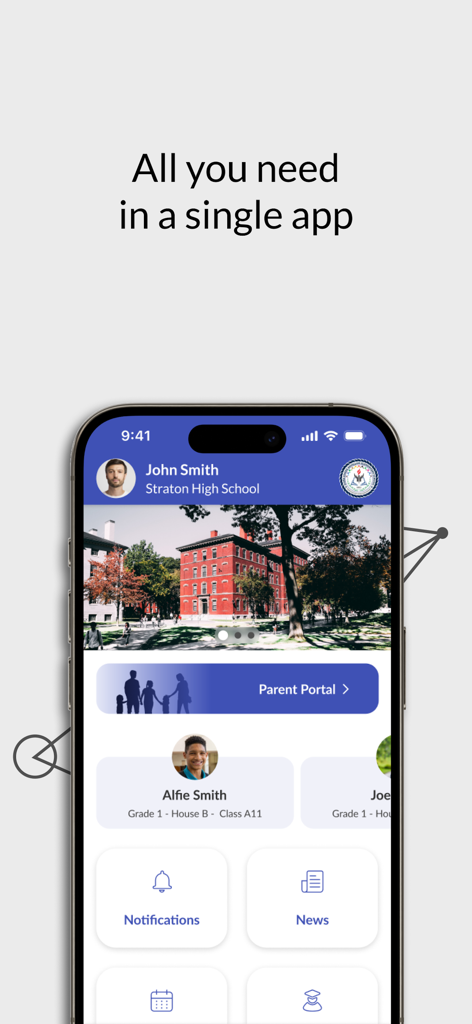 Panel de la aplicación Ed-admin Multi-Portal que muestra el portal de padres y el perfil académico del estudiante