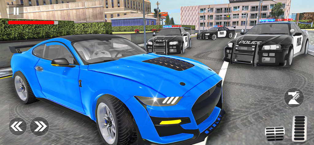 Police Car Games: Police Games - Un coche deportivo azul siendo perseguido por múltiples coches de policía en un entorno de calle urbana