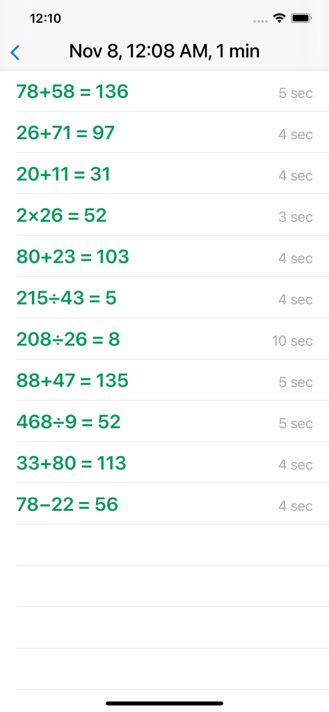 Mental math trainer & coach - 解決されたメンタル数学方程式のリスト。個々の完了時間が秒単位で表示されています。