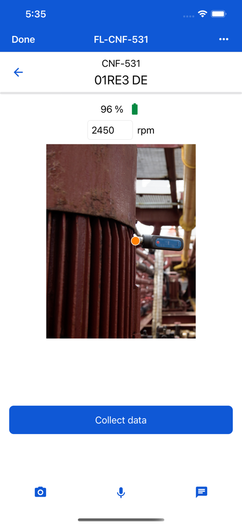 Interfaz de la aplicación SKF ProCollect que muestra una pantalla de inspección de máquina con entrada de RPM y un botón Recopilar Datos