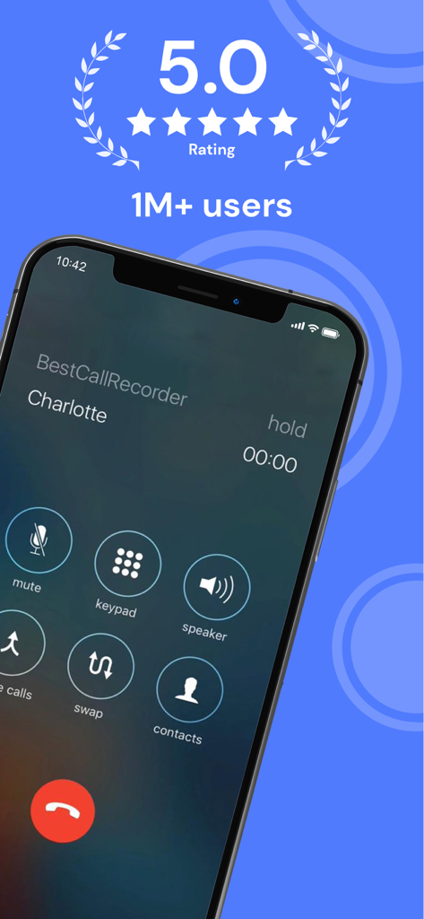 Screenshot dell'app Registratore di Chiamate con una valutazione di 5.0 stelle e un badge di oltre 1 milione di utenti sopra l'interfaccia di chiamata di un iPhone.