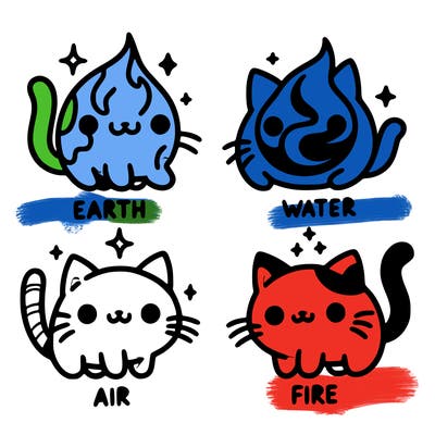 4 cats that represent the different elements, earth, water, air, and fire