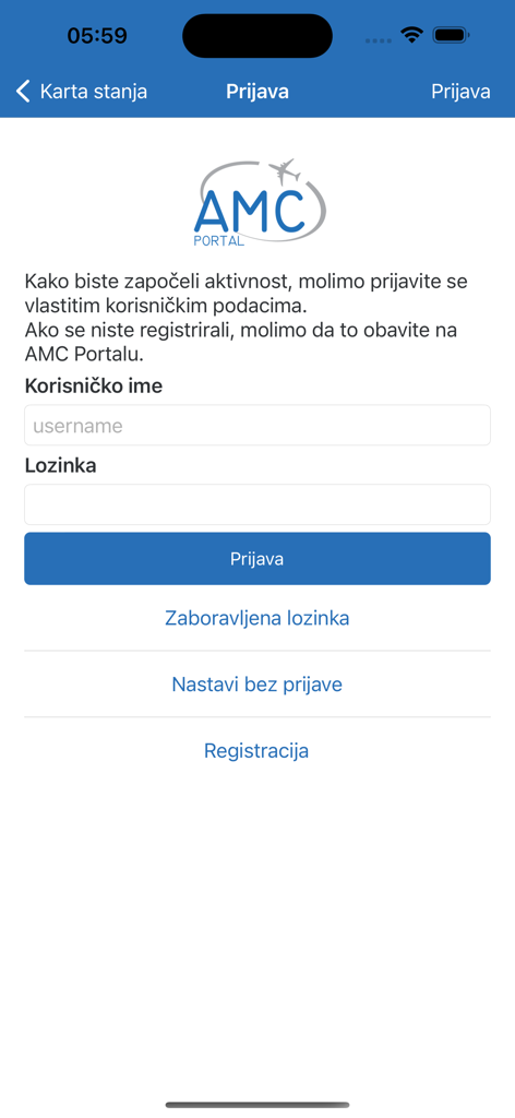 Login screen for the AMC Portal Mobile drone airspace management app showing username and password fields