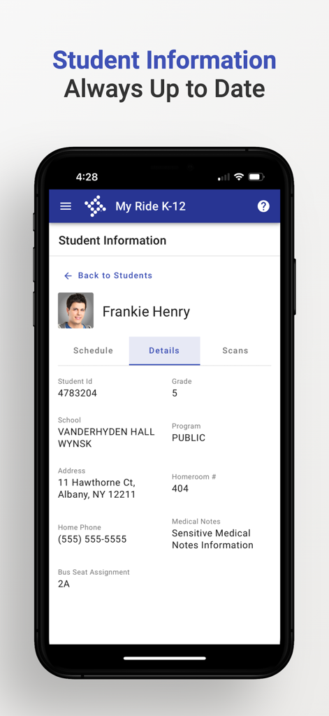 My Ride K-12 - My Ride K-12 app interface displaying detailed student profile information and school bus assignments