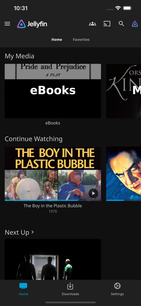 Écran d'accueil de l'application Jellyfin Mobile affichant les catégories de médias et une section 'Continuer à regarder' pour un contenu vidéo personnalisé.
