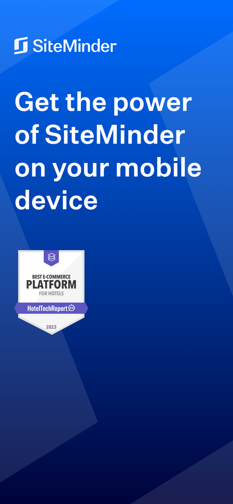 Pantalla promocional de la aplicación móvil SiteMinder con el premio HotelTechReport 2023 a la Mejor Plataforma de Comercio Electrónico para Hoteles.