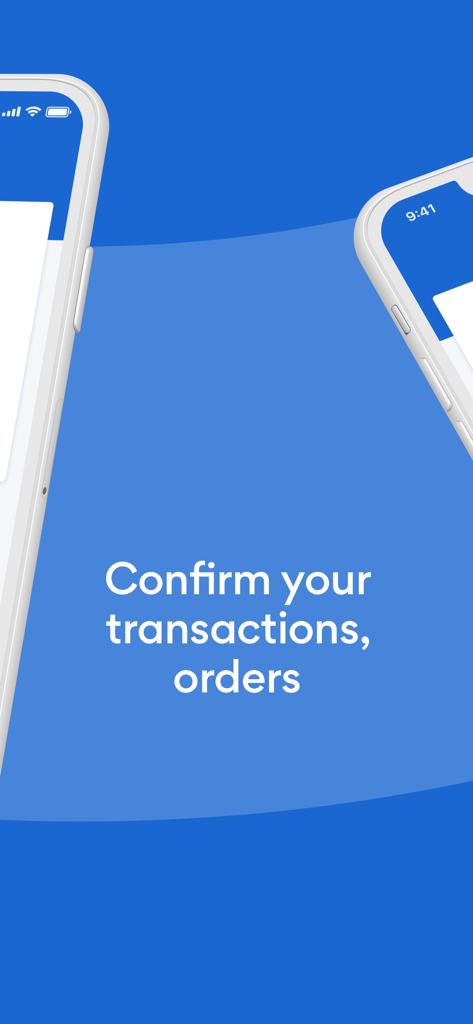 Una pantalla azul con dos iPhones que muestran el texto Confirme sus transacciones y pedidos para la aplicación s Identity.