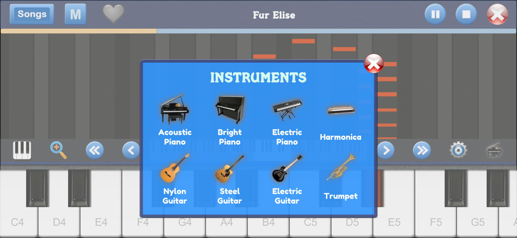 Piano Music & Songs - A menu overlay showing different musical instrument options in the Piano Music & Songs app.