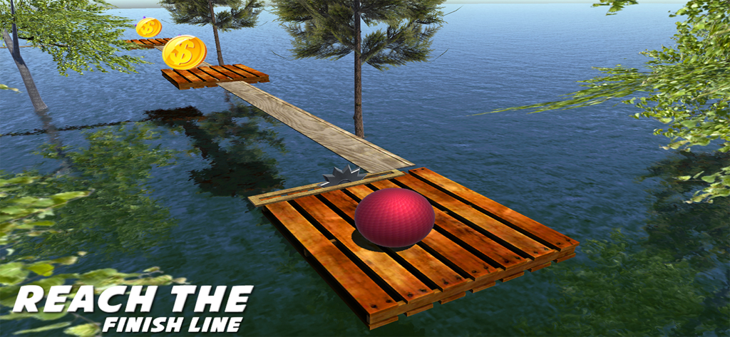Balance The Crazy Ball - A red ball balancing on a wooden platform over water with the text Reach the finish line
