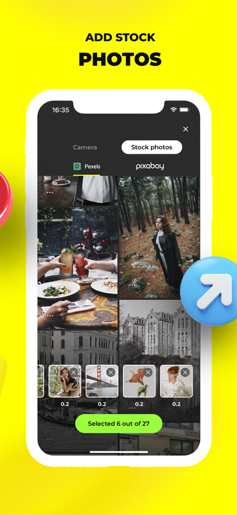 Reelsapp: reel & video editor - Interface of Reelsapp showing the stock photo selection screen with Pexels and Pixabay integrations