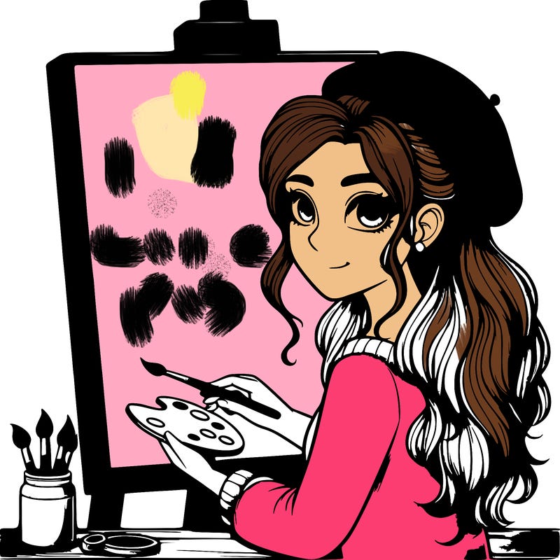 realistic girl artist painting a blank canvas