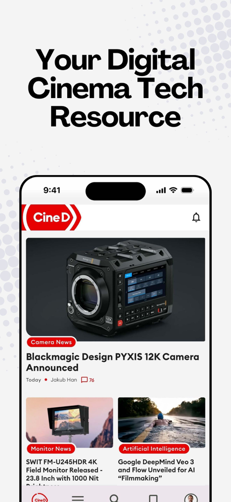CineD app home screen featuring filmmaking news about cameras and monitors
