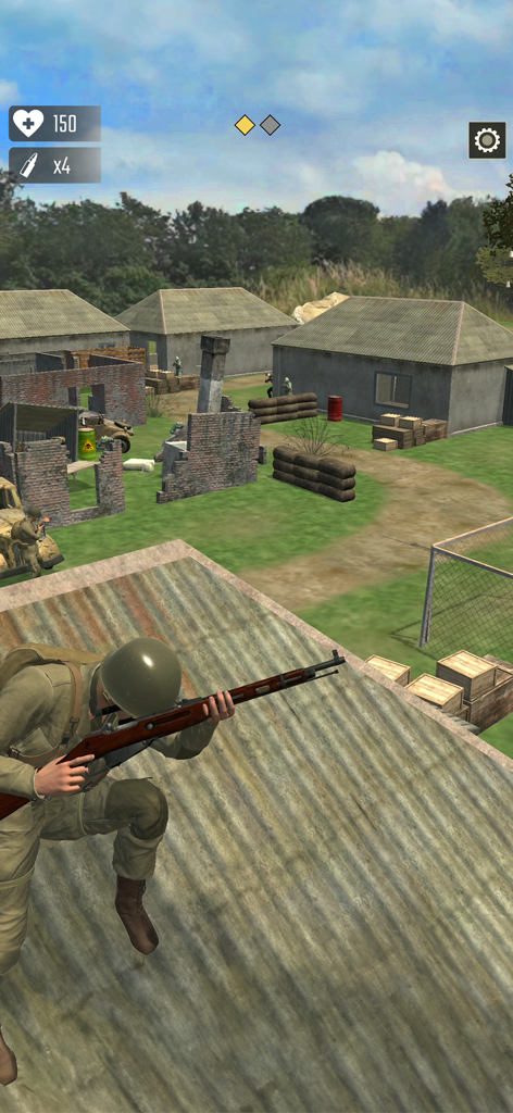 Un soldado de la Segunda Guerra Mundial apuntando con un rifle desde una azotea con vistas a una base enemiga en Frontline Heroes