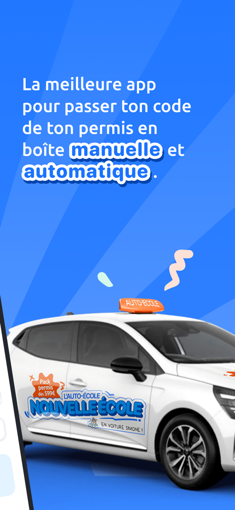 White driving school car with En Voiture Simone branding on a blue background