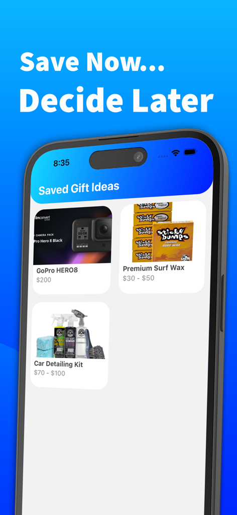 Interface of Giftly AI Gift Finder showing a collection of saved gift ideas including a camera and car kit