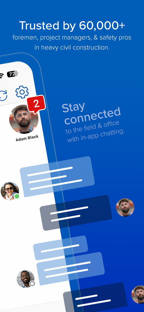 Tela do aplicativo HCSS Field mostrando o recurso de chat no aplicativo para equipes de construção