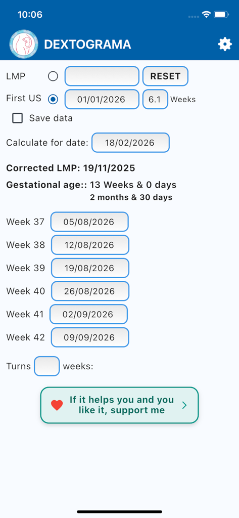 Dextograma - Interfaz de la calculadora de embarazo de la aplicación Dextograma que muestra la edad gestacional y los hitos.