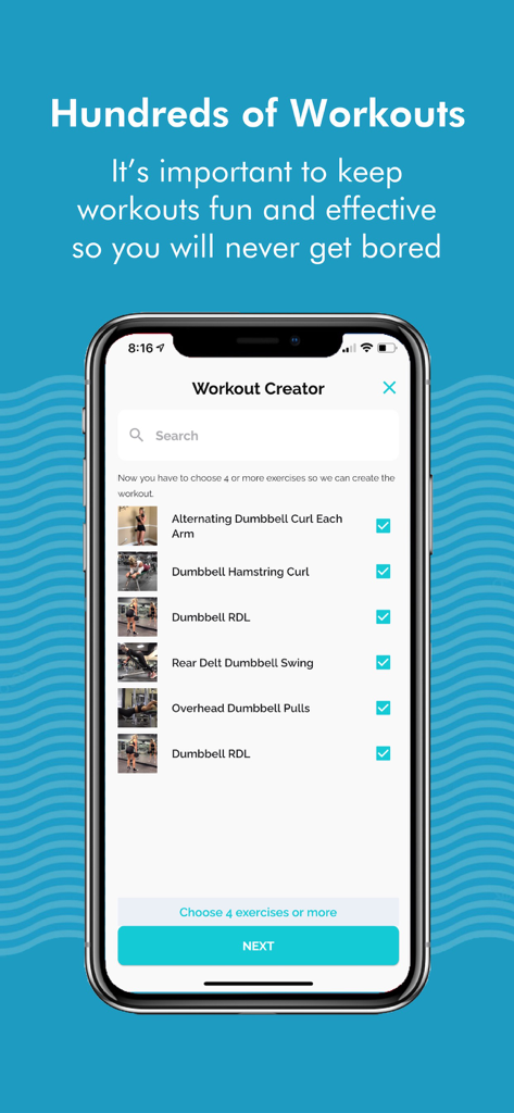 CCFIT: Cristina Capron Fitness - A screenshot of the CCFIT app workout creator screen showing a checklist of dumbbell exercises like curls and RDLs