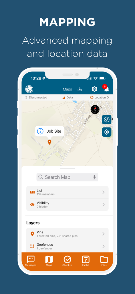 EVERYWHERE App - EVERYWHERE App mapping screen showing job site location and professional situational awareness data