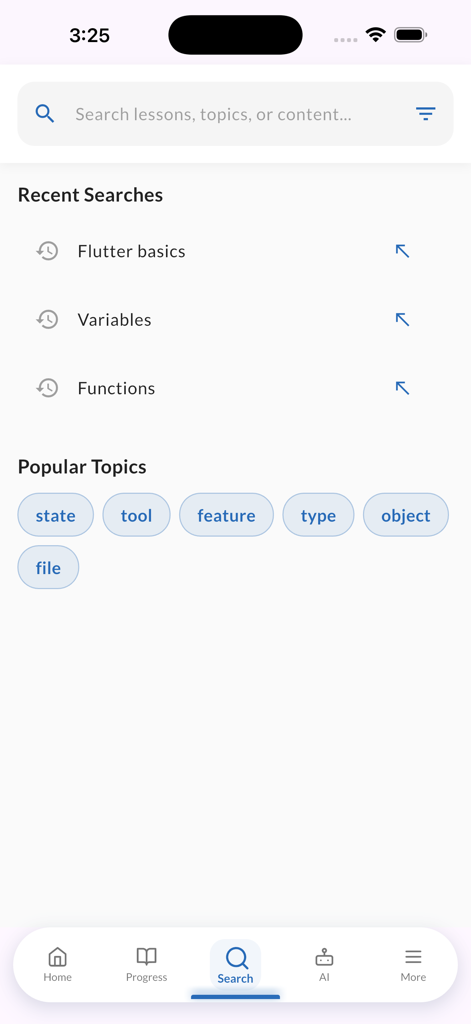 Learn Kotlin Coding With AI - Tela de busca para lições e tópicos de programação Kotlin