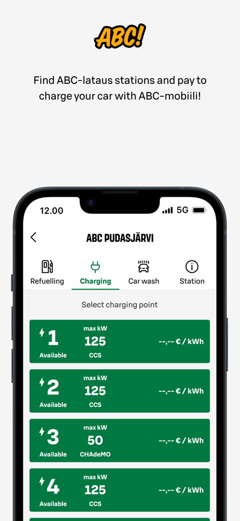 ABC-mobile App-Bildschirm mit verfügbaren Ladepunkten für Elektrofahrzeuge und Leistungsspezifikationen