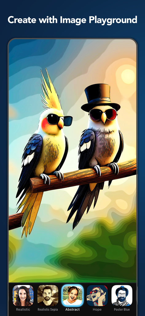 Clip2Comic: Cartoon Yourself - Una ilustración de cómic de dos pájaros en una rama con gafas de sol y un sombrero de copa usando el efecto de filtro abstracto.