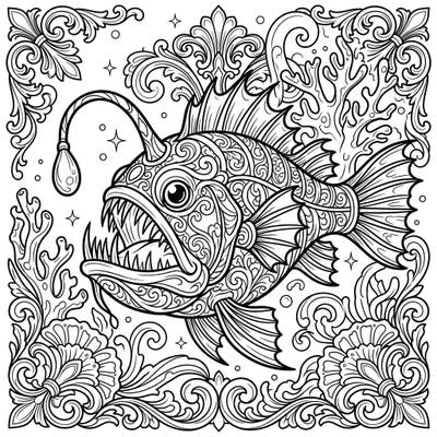 Explore the dark elegance of the ocean's abyss with this stunning Gothic deep sea fish coloring page. This intricate design features a fearsome anglerfish adorned with ornate patterns, ready for your artistic touch.