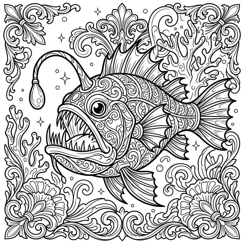 Explore the dark elegance of the ocean's abyss with this stunning Gothic deep sea fish coloring page. This intricate design features a fearsome anglerfish adorned with ornate patterns, ready for your artistic touch.