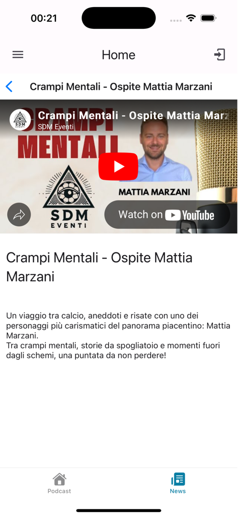 Interfaz de la aplicación PlayGo que muestra un episodio de podcast deportivo con un reproductor de video de YouTube