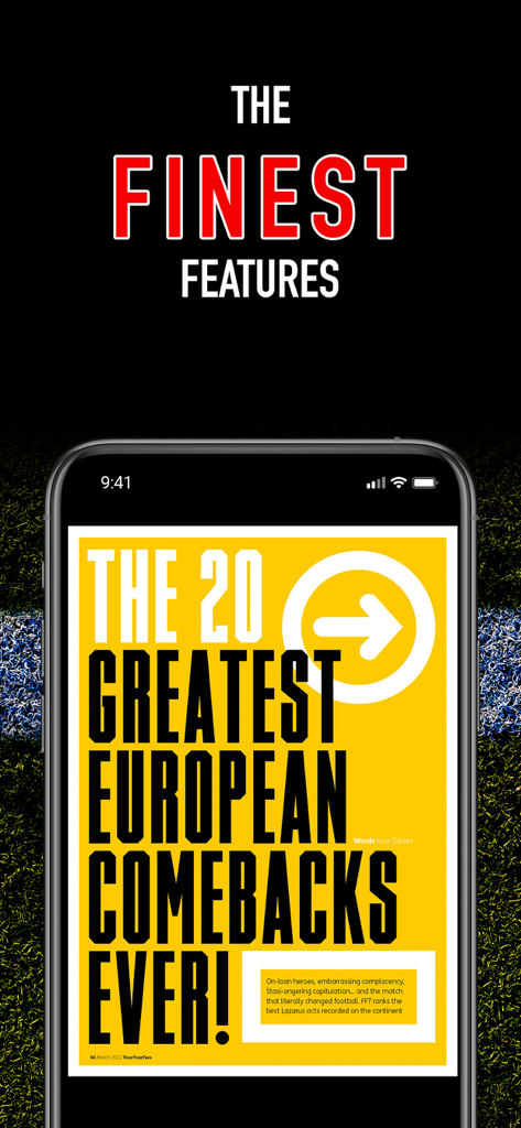 FourFourTwo Magazine app displaying a feature about greatest European comebacks on a smartphone