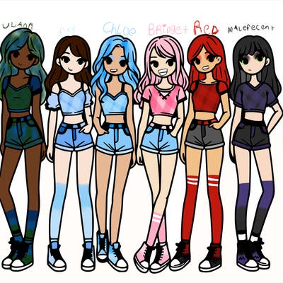 a group of girls wearing crop tops and shorts