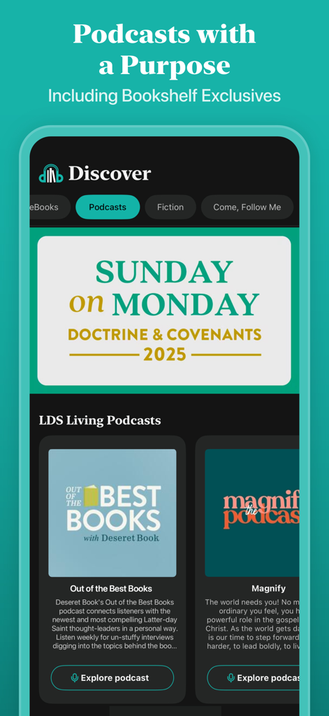The Discover screen of the Deseret Bookshelf app displaying various LDS podcasts including Sunday on Monday and Out of the Best Books.