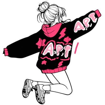 realistic girl jumping with a bun and oversized sweatshirt