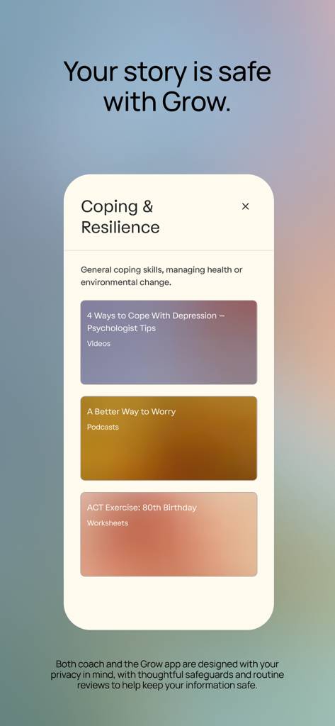 Grow Therapy - Grow Therapyモバイルアプリのスクリーン。コーピングとレジリエンスのためのメンタルヘルスリソースを表示。