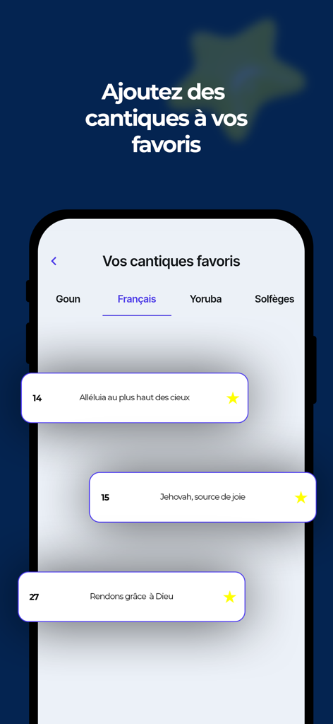 Guide ECC - Interface mobile de l'application Guide ECC montrant une liste de cantiques célestes préférés en Français avec des icônes d'étoile