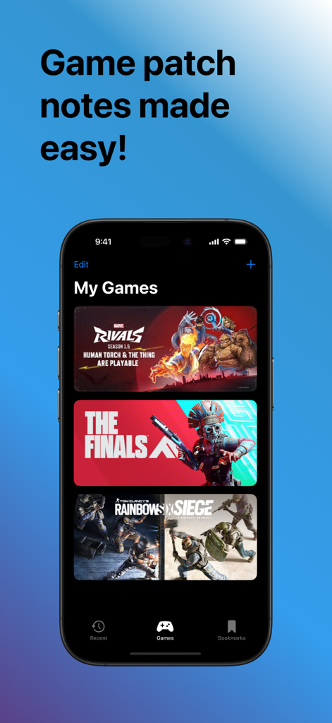 PatchUp app dashboard displaying game cards for patch note updates including Marvel Rivals and The Finals