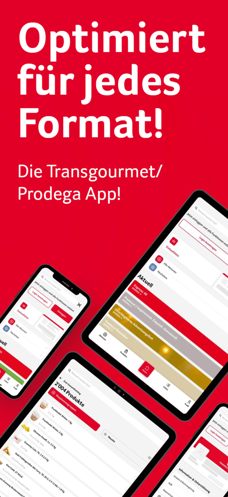 Transgourmet/Prodega Schweiz - La aplicación móvil Transgourmet Prodega mostrada en pantallas de múltiples smartphones y tablets