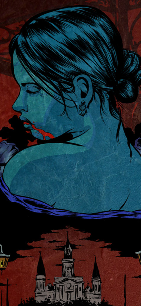 Choice of the Vampire - Una ilustración gótica de una vampira de tono azul con sangre en los labios sobre un boceto de una catedral de Nueva Orleans.
