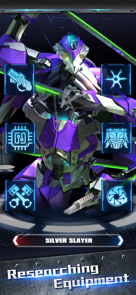 Un mecha morado y plateado llamado Silver Slayer con íconos de investigación de equipo en Warfare Strike Global War
