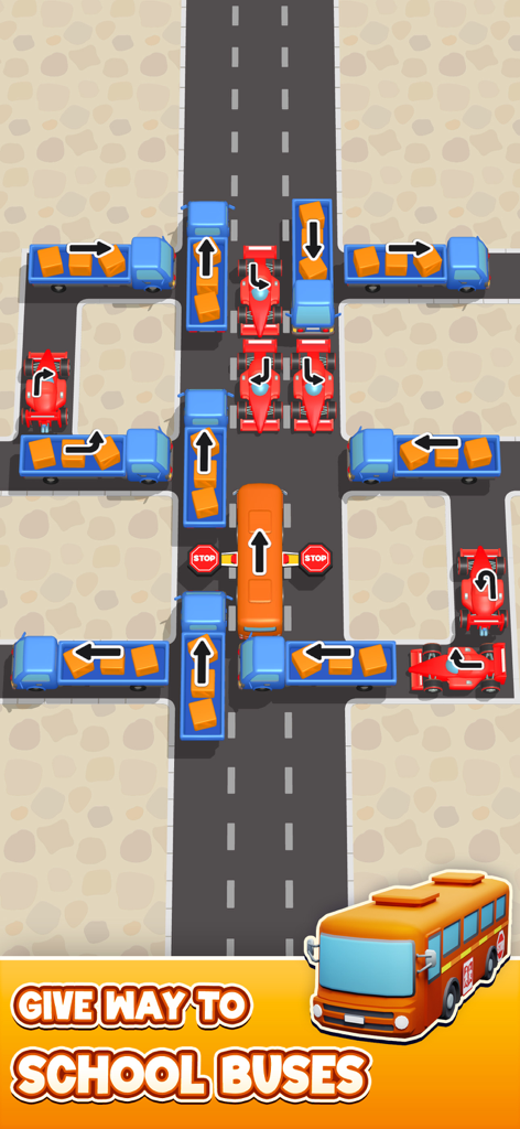 Traffic Untangle: Puzzle Roads - Vista cenital de un nivel de juego de puzzles de desenredar tráfico con un autobús escolar y coches de juguete