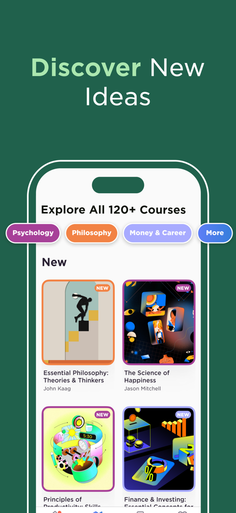 Imprint: Visual Micro Learning - Imprint app interface showing categories like Psychology and Philosophy with visual course cards for micro-learning.