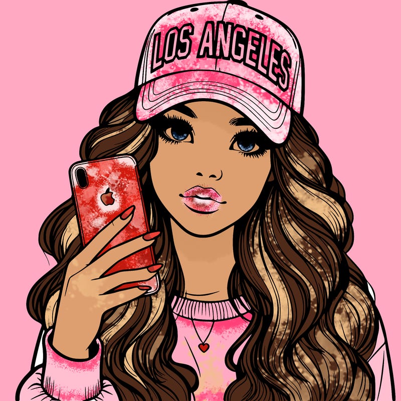 realistic beautiful girl wearing los ángeles cap holding an iphone