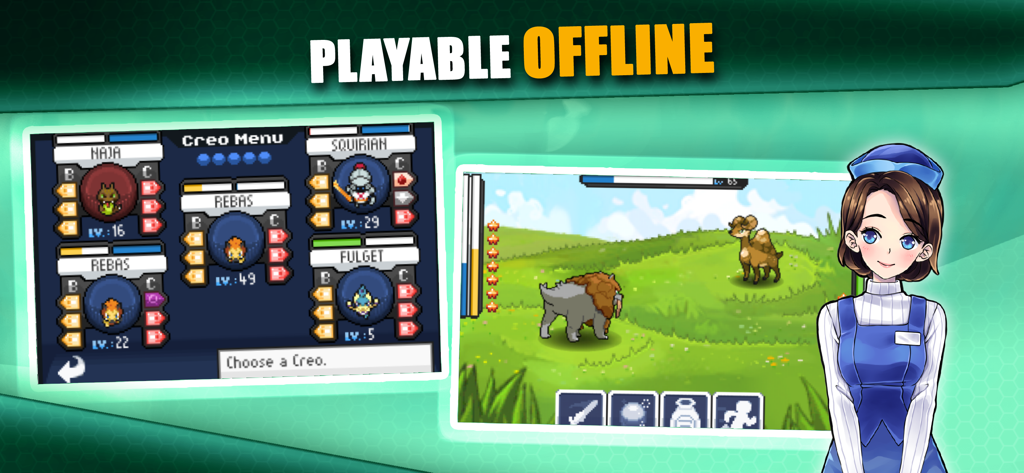 EvoCreo monster menu and battle screen showing offline play feature