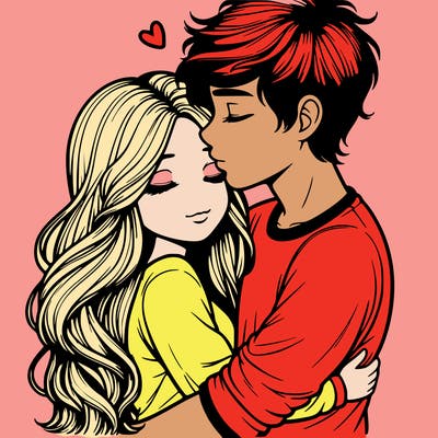 a realistic couple boy and girl hugging and kissing