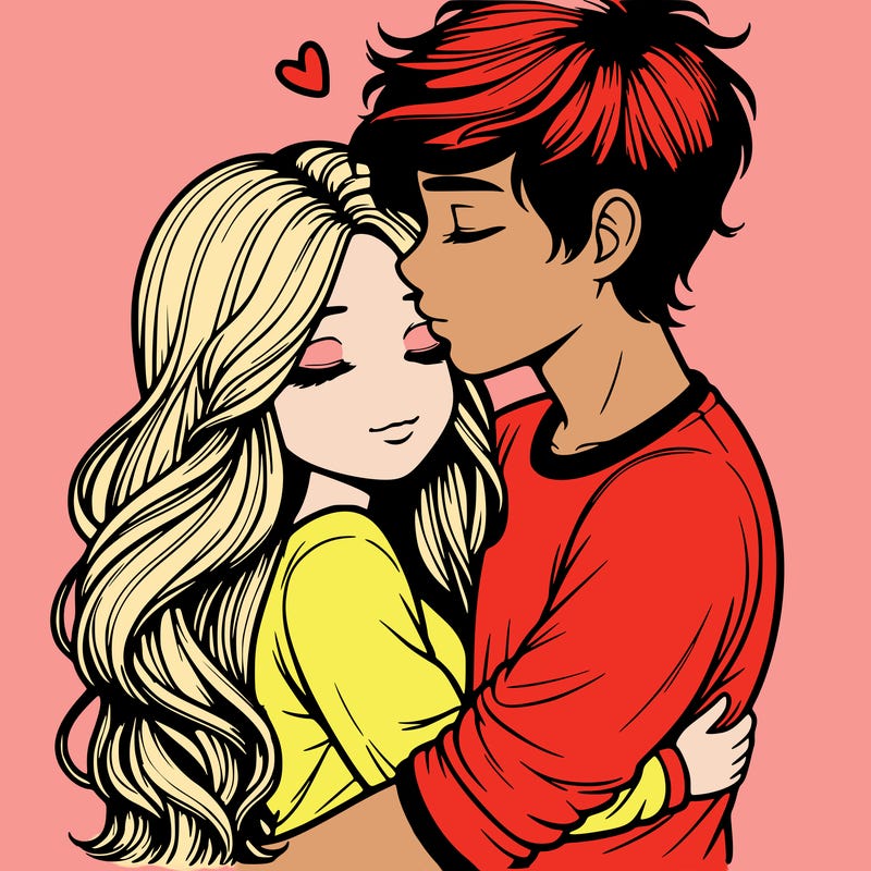 a realistic couple boy and girl hugging and kissing
