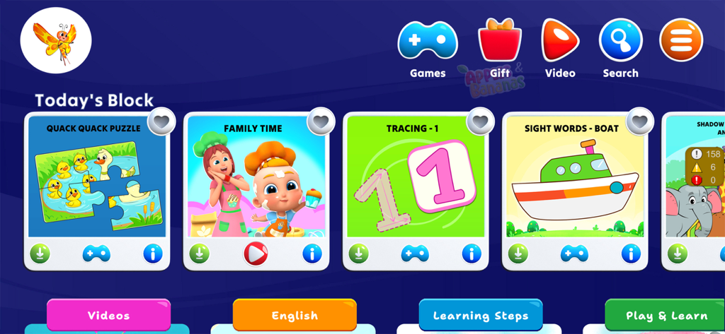 Dashboard of Apples and Bananas kids learning app featuring educational games and puzzles