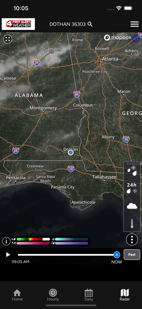 WTVY First Alert Weather app radar map showing Dothan Alabama and the surrounding Wiregrass region