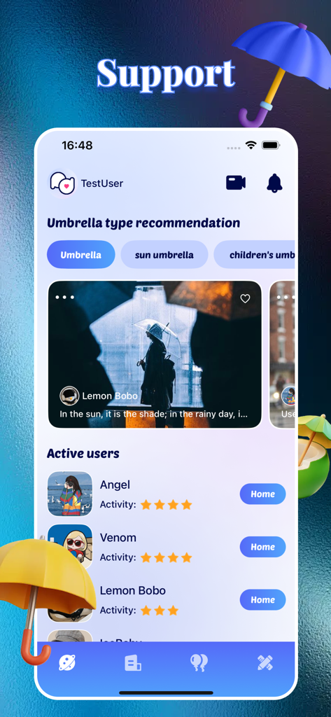 Palmo app screen showing active users and umbrella type recommendations