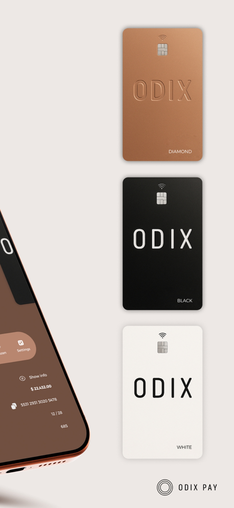 Tres tarjetas físicas premium de Odix Pay en colores negro diamante y blanco junto a un smartphone mostrando la interfaz de la aplicación móvil.