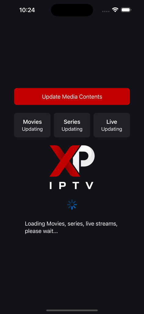 XP IPTV - XP IPTV 앱 화면에 영화, 시리즈 및 라이브 스트림에 대한 미디어 콘텐츠 업데이트 진행률이 표시됨